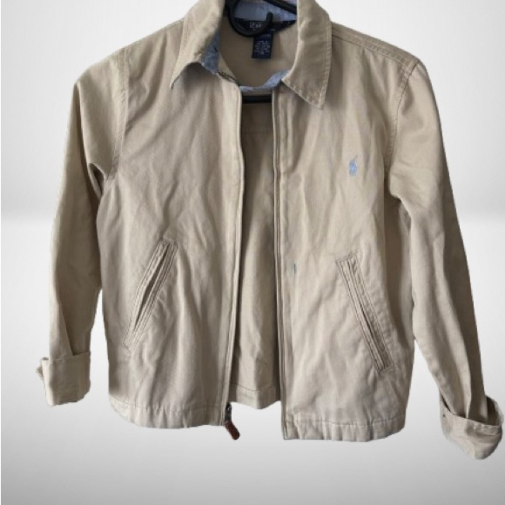 Polo by Ralph Lauren Cream and Blue Casual Jacket with Stand-Up Collar